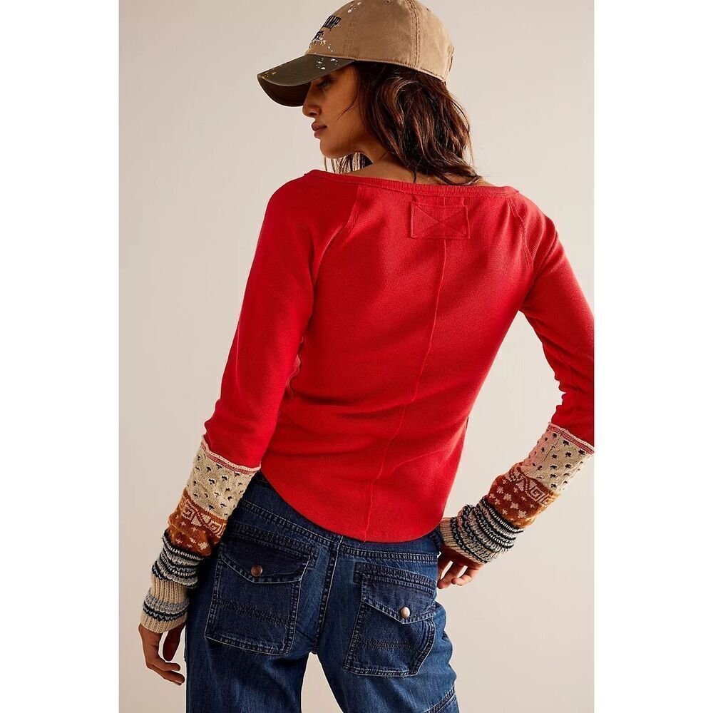 Free People Cozy Craft Cuff Top in Red Combo